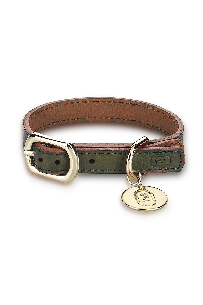 LEATHER COLLAR IN ARMY-CARAMEL